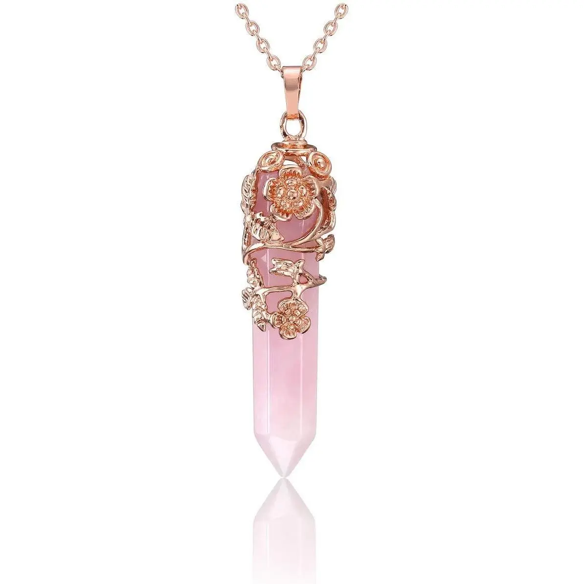 Rose Quartz Crystal Healing Pendant Necklace for Women, Vintage Rose Gold Flower Wrapped Pink Hexagonal Gemstone Healing Point Chakra Stone Necklace Energy Balacing Jewelry Gifts