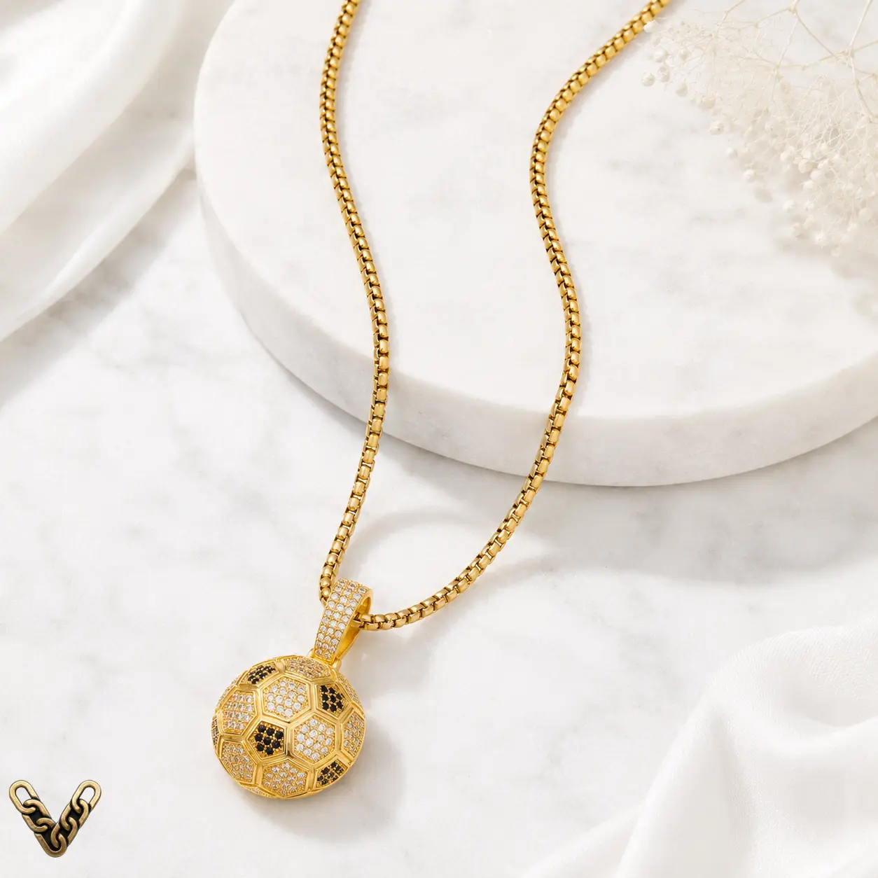 14K Gold Plated Soccer Ball Pendant Necklace, 6mm Chain, 61cm Football Charm Necklace with Cubic Zirconia, Game Day Jewelry Gift for Soccer Fans