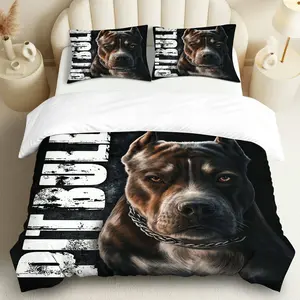 3PCS Duvet Cover Set, 1 Duvet+2 Pillowcases(Without filler), Pitbull Dog Art Print theme, Halloween bedding set, Animal Lover Canine Decor Suitable for decoration Bedroom Living Room Guest Room Dormitory.