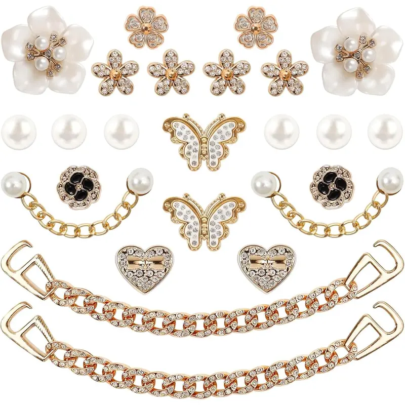 Women's 22-Piece Shiny Chic Exquisite Shoe Decoration Charms, Pearl Floral & Rhinestone Chain Set, Lightweight Plastic Insert Accessories for Perforated Footwear Clogs, Party Use