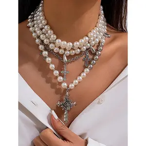 Women's Elegant Faux Pearl Cross Necklace, Gothic Grunge Pearl Choker, Y2K Coquette Beaded Cross Necklaces, Aesthetic Bling Stylish Jewelry Accessories for Party, Birthday Gift, Daily Decor for Girls, Women