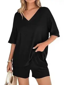 Women's 2-Piece Loungewear Set - Oversized V-Neck Top, Biker Shorts, Reversible Casual Summer Pajama Nightwear Pjs Womenswear