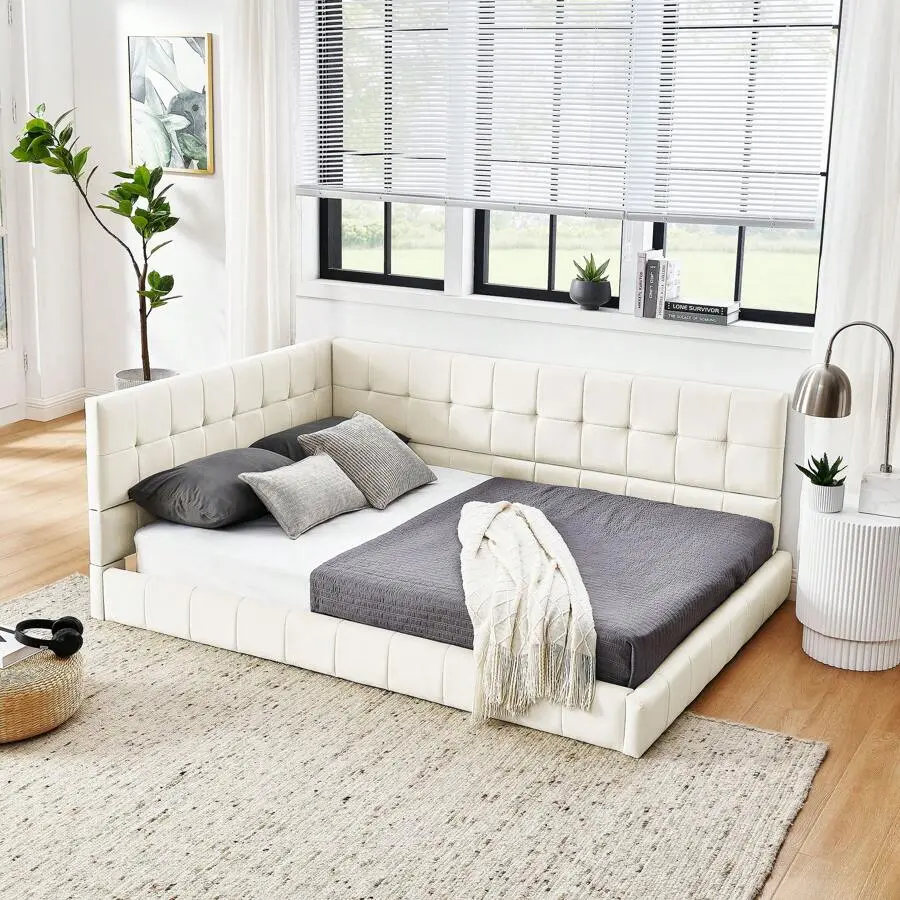 Full L-Shape Corner Bed Frame, Velvet Upholstered Tufted Daybed With Slat, Floor Platform Bed With Soft Headboard For Bedroom Nook, No Box Spring Needed, Beige drawers couch living room