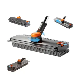 3-in-1 Floor Scrub Brush with Squeegee & Hidden Hair Clip, Adjustable Long Handle Shower Tub Tile Scrubber. Ultimate Grout Brush & Stiff Bristle Broom for Bathroom Deep Cleaning. Multi-Surface Sweeper for Floor, Deck, Patio, Crevice & Pet Hair