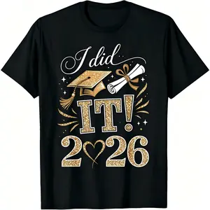 "I Did It! 2026" Graduation Cap & Diploma T-Shirt for Men & Women - Class of 2026 Graduate Graphic, Soft Breathable Cotton Crew Neck Short Sleeve, All-Season Summer Spring Everyday Wear, Great Graduation Gift, Streetwear, Machine Washable
