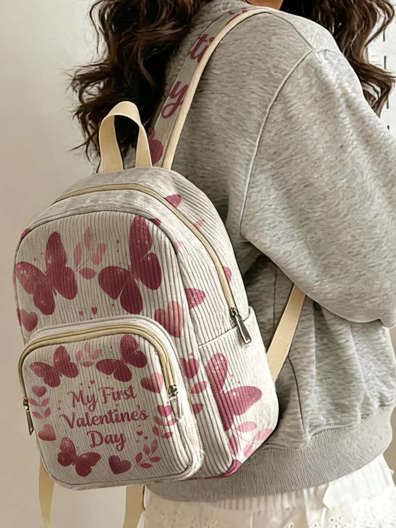 1 piece of lady's backpack with 2D printing of butterfly heart 'MyFirstValentine'sDay', corduroy texture + layered storage + light and easy to carry | perfect for students to go to class/shopping/short trips | combines atmosphere with practicality