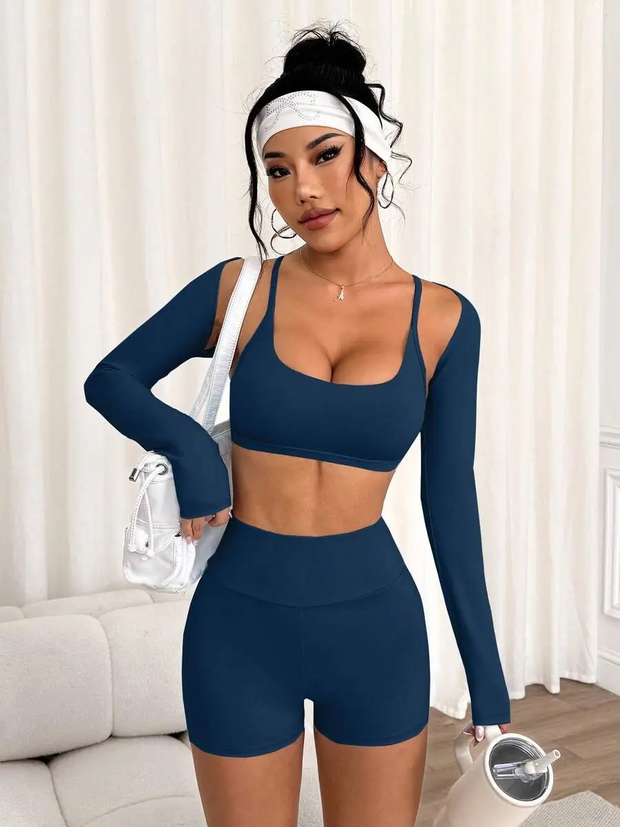 3PCS Women's Navy Blue Workout Set,Summer Athleisure Pilates 3 Piece Set With Shrug,Spaghetti Strap Criss-Cross Back Sports Bra And Tight Shorts