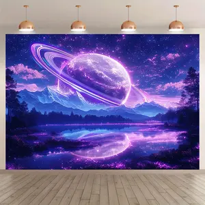 1pc Polyester Galaxy Space Tapestry, UV Reactive Blacklight Planet Mountain Lake Scene Backdrop, Neon Aesthetic Decoration for Photography, Photo Booths, Parties, and Home Decor - Use Without Electricity