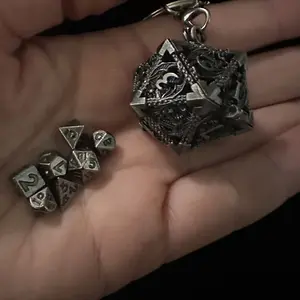 Mini Metal D&D Dice Set, 7 Counts Hollow D20 Dice with Keychain, Twenty-Sided Shape DND Metal Dice, Perfect for Party Games
