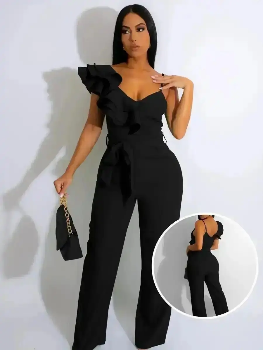 Charming Chic Womens Black One Shoulder Ruffled Top and Wide Leg Pants Jumpsuit, Casual Summer Romper for Trendy Outfit, Offers Mix and Match Styling Options, Quality Crafted for Daily Comfort