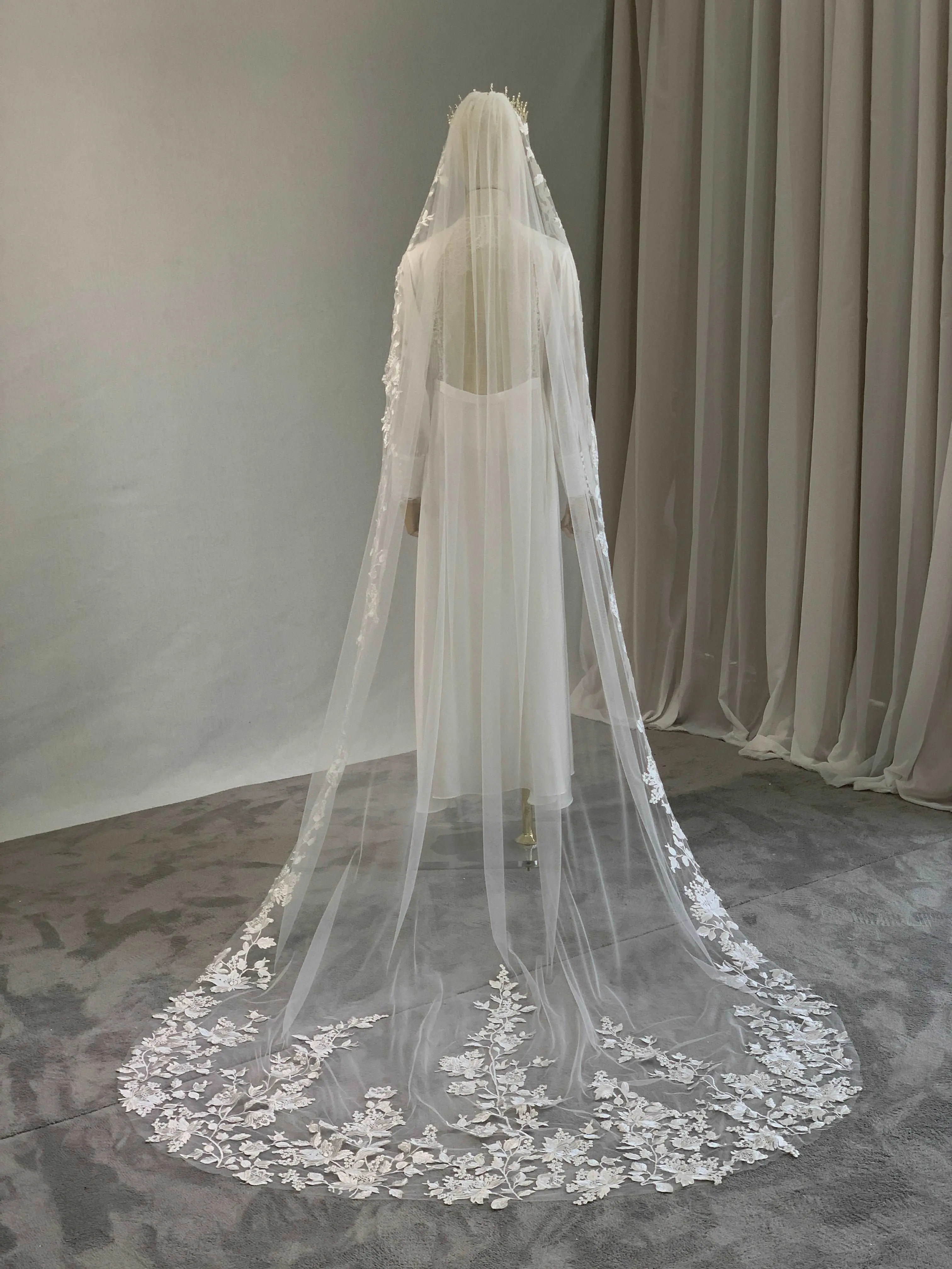 Made-To-Order Mantilla Style Bridal Veil, 98-in Chapel Length Tulle, Continuous Floral Appliqued Lace, Non-Gathered Comb Attachment, Bridal Accessory