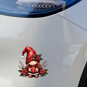 6 Inch Christmas Elf Girl Car Sticker - Green & Red Festive Design with Gift Box for Laptops, Water Bottles, Trucks, Motorcycles, SUVs & Car Windows | Durable Car Decorative Stickers
