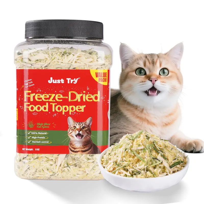 JUST TRY Freeze-Dried Cat Grass Food Topper Chicken, Egg Yolk & Cat Grass Flavor Healthy Indoor Cat Treats for Hairball Control 8 OZ.#familyfun