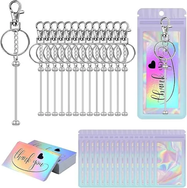 126 Pcs Beadable Keychain Bars Bulk Blank DIY Beaded Keychain Making Supplies with Bag Thank You Card