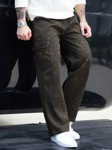 Men's Leopard Print Loose Fit Casual Streetwear Pants, Straight Leg Multi-Pocket Workwear Jean Denim Wide-Leg Long Pants, New Arrival 2026