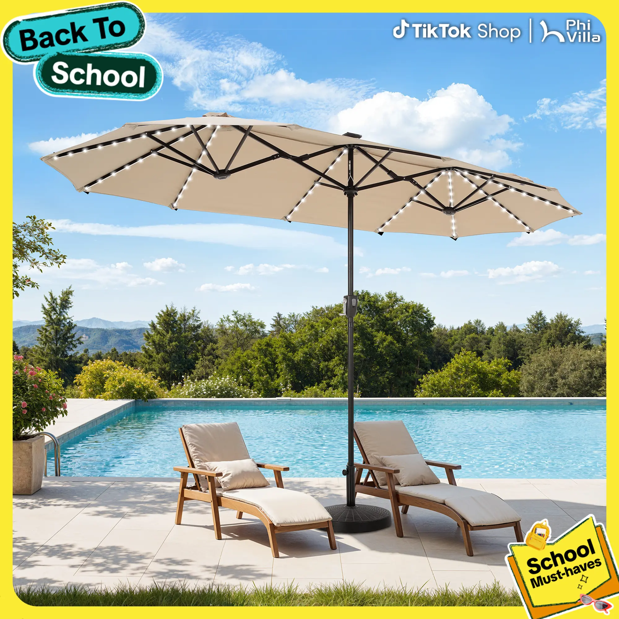 [8-color Lights] PHIVILLA Home Patio Umbrella 13 FT Double-Sided Outdoor Market Extra Large Umbrella with Crank, LED Light Option, Base Not Included