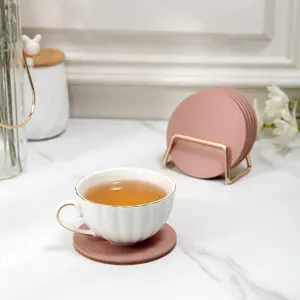 Drink Coaster Set, 6pcs Round Coaster with Metal Holder, PU Leather Coaster with Absorbent Cork Base, Home Table Coaster, Decorative Coffee Coaster, Housewarming Gift for Home Decor, Home Bar Accessories