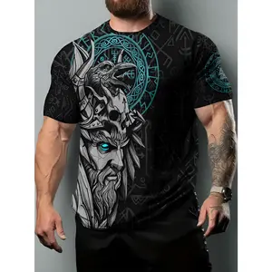 Men's Viking Norse Mythology T-Shirt - Full-Body Viking Print with Rune & Rune Staff Designs, Short Sleeve Round Neck Casual Shirt, Polyester Knit Suitable for Themed Events, Casual Attire, Historical Costume Apparel, PLUS SIZE