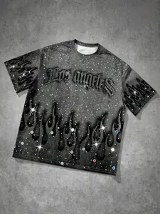 2026 New Season Rhinestone Flame Graphic Tee, Heavyweight Cotton Oversized Los Angeles Letter Print Shirt, Cyber Y2K Sparkly Streetwear Top for Festivals and Street Photography