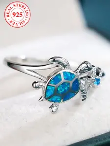 Women's S925 Silver Ring, Blue Imitation Opal Turtle & Starfish Design, Adjustable Open Ring, Cute Elegant Jewelry Gift Box Included, Adjustable Rings