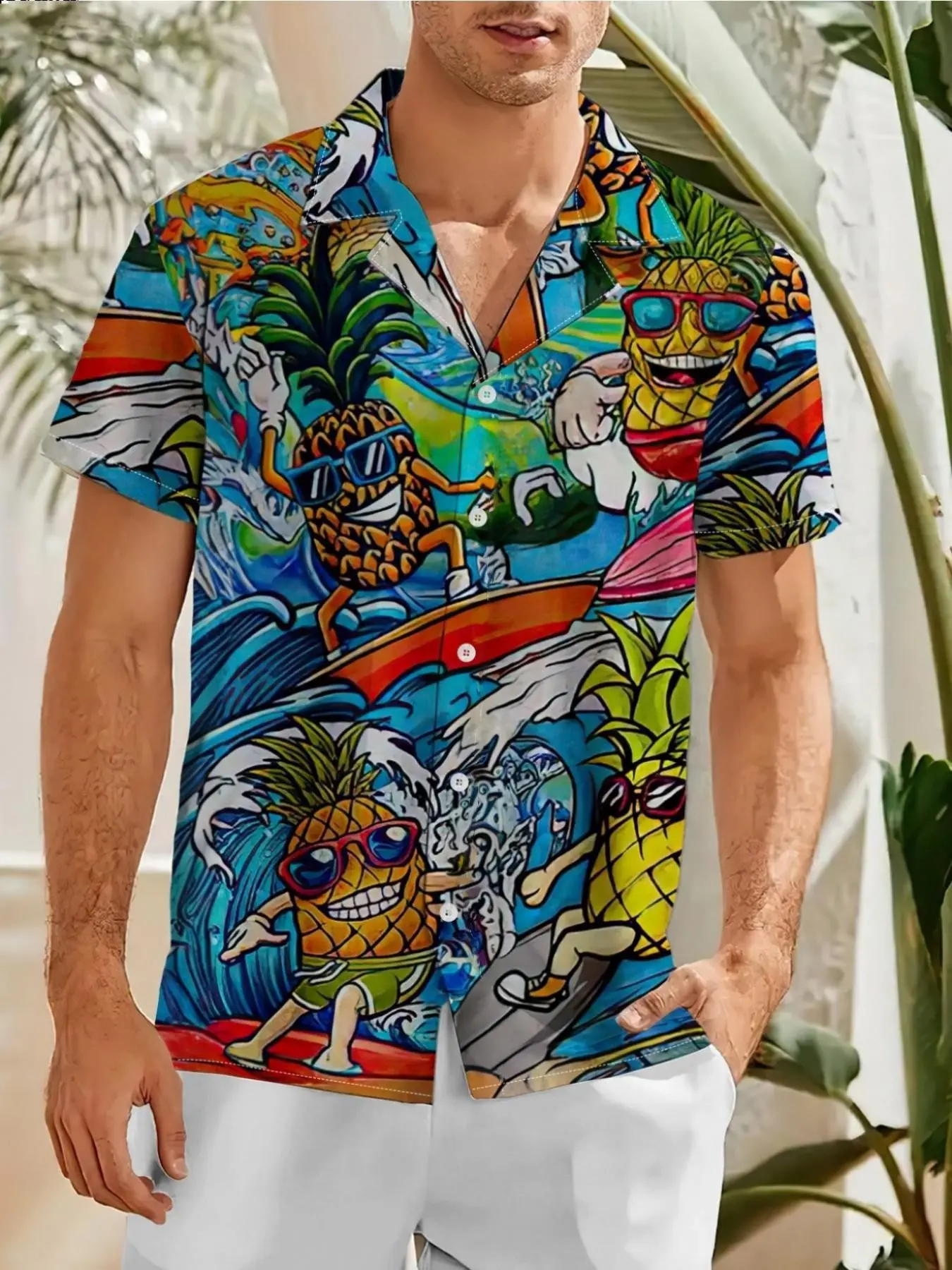 Men's Summer Cuban Collar Short Sleeve Collared Aloha Button Shirt, Fun Cartoon Pineapple Surf Tropical Print, Casual Printed, Casual Vacation Loose Fit, Micro Stretch, Limited-time holiday discounts, fast shipping Fabric