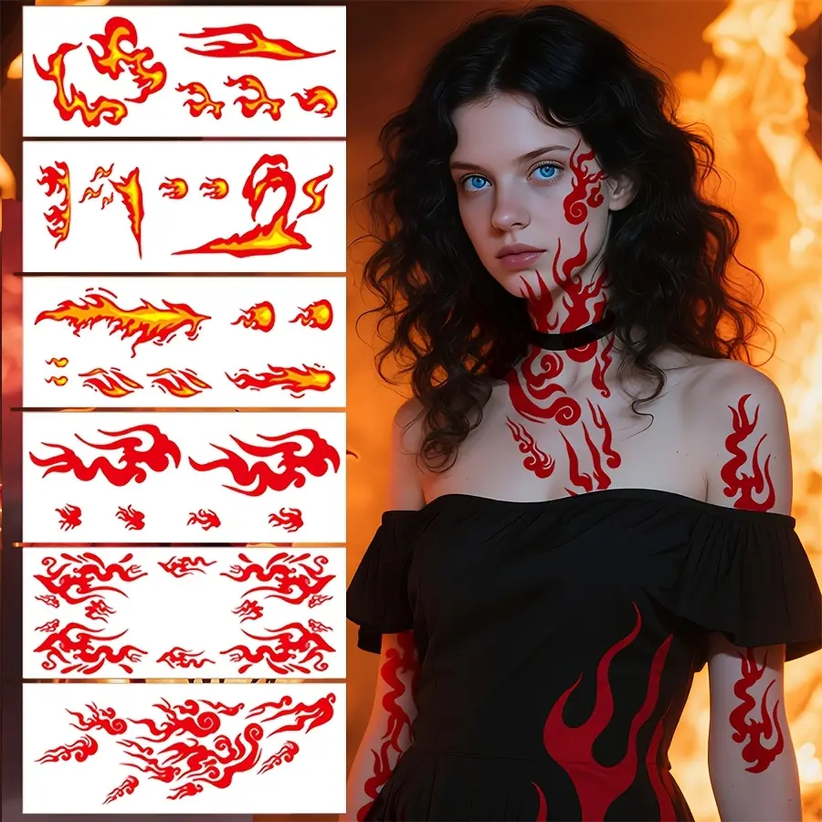 Realistic Temporary Tattoos, 6 Sheets of Flame & Fire Designs, Fake Body Art Stickers for Arm and Body, for Men & Women, Assorted Temporary Tattoos