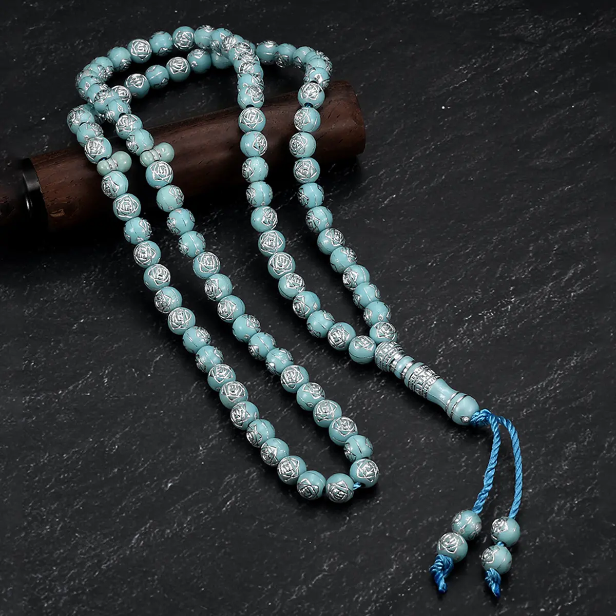 Vintage Ethnic Style Rose Pattern Blue Round Beads Acrylic Prayer Beads, Handmade Knotted Beads, Bracelet, Stackable To Wear, Ramadan Gift, Prayer and Worship Supplies, Suitable for Both Men and Women