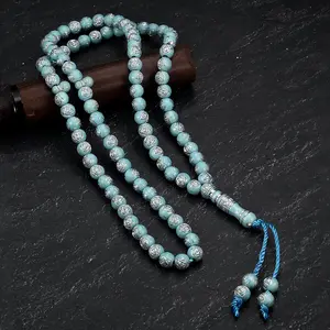 Vintage Ethnic Style Rose Pattern Blue Round Beads Acrylic Prayer Beads, Handmade Knotted Beads, Bracelet, Stackable To Wear, Ramadan Gift, Prayer and Worship Supplies, Suitable for Both Men and Women
