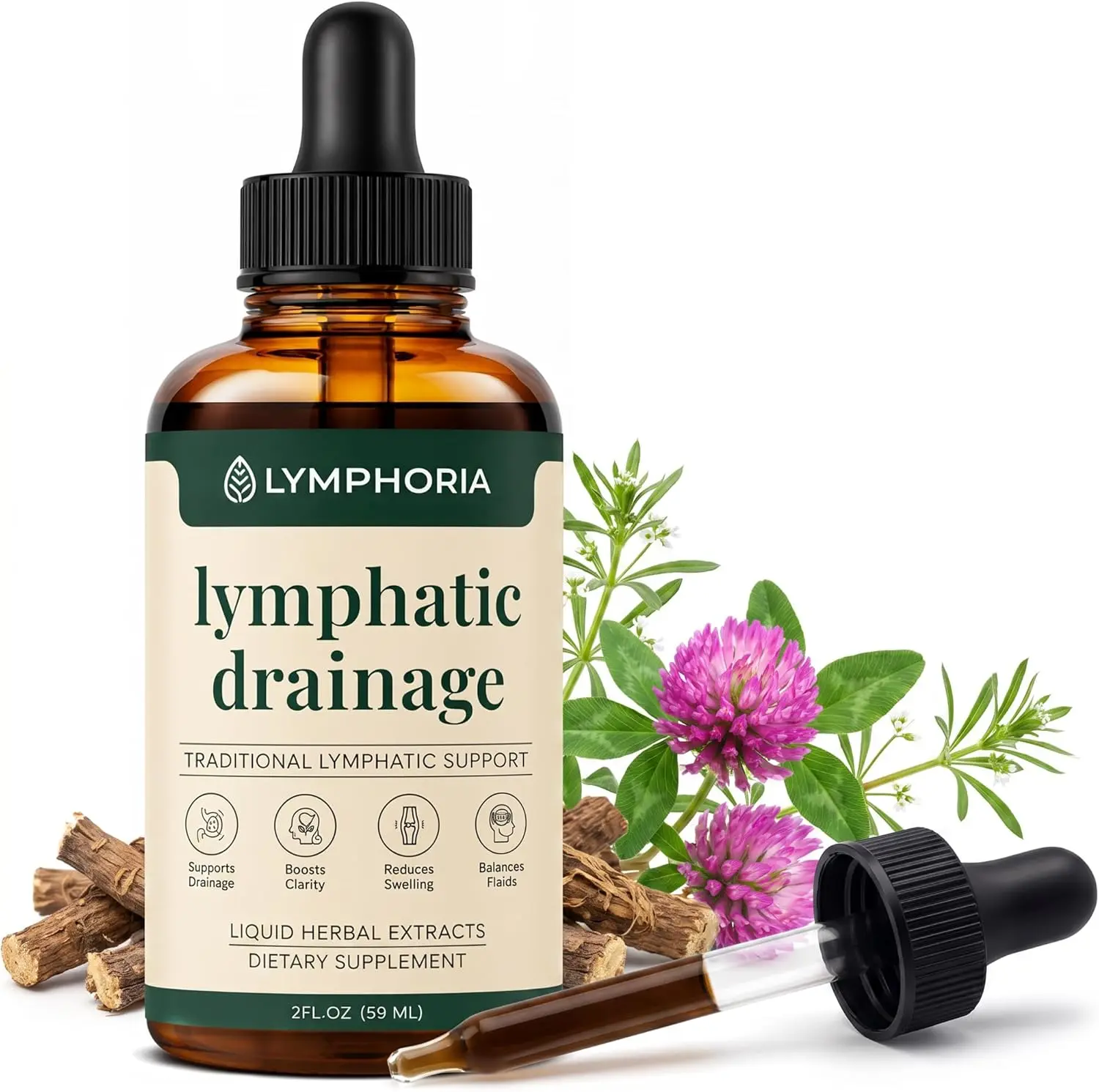 Lymphatic Drainage Drops for Bloat & Water Retention Relief – De-Puff Face, Legs & Ankles – Cleavers, Red Clover & Prickly Ash Bark – Lymph Detox Cleanse – Alcohol-Free, Vegan, 2 Fl Oz