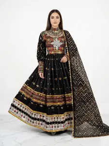 Luxury Black Afghan Embroidered Maxi Dress for Women – Handmade Ethnic Boho Wedding Party Gown with Mirror Work & Dupatta