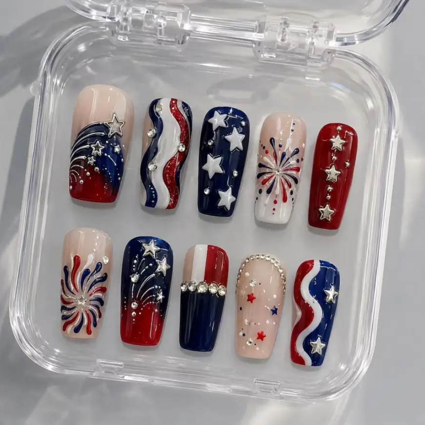 USA Patriotic Press On False Nails Set, Red White Blue Star & Firework 4Th Of July Nail Art, Gif For Independent Day