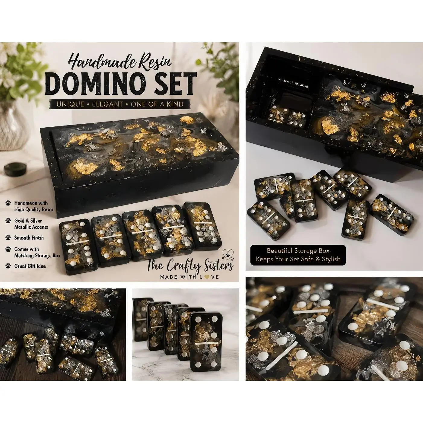 The Crafty Sisters Handmade Gold Black & Silver Foil Resin Dominoes Set with Matching Storage Box Unique Elegant One of a Kind