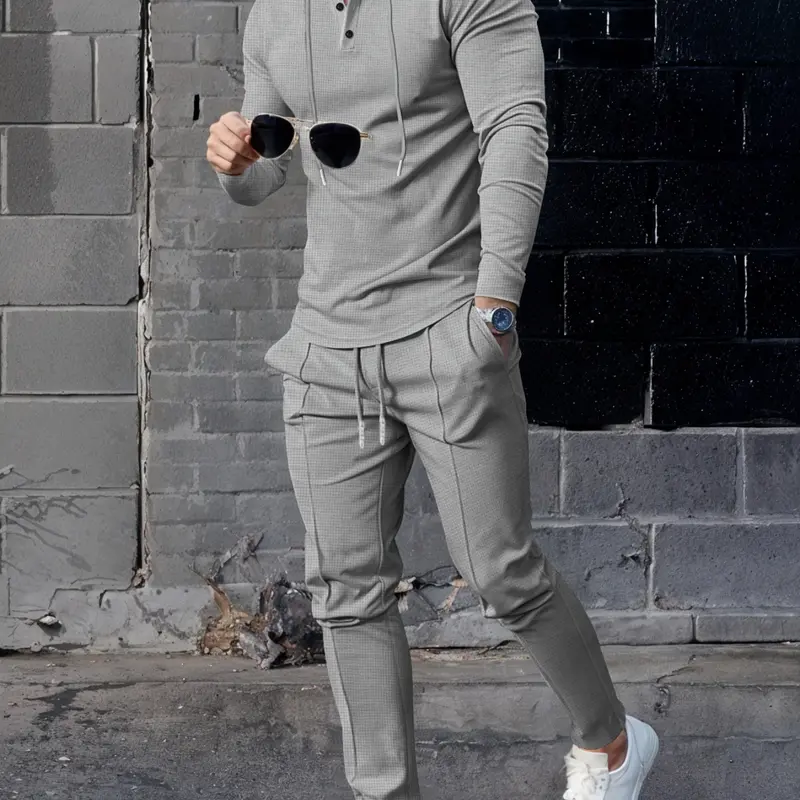 Men's Quick-Dry Waffle Fabric Top and Pants Set, Outfit, Casual Fitted Multi-Functional Monochrome Design, Comfortable Everyday Wear, Ideal for All Seasons, Sweat, Clothes, Trouser