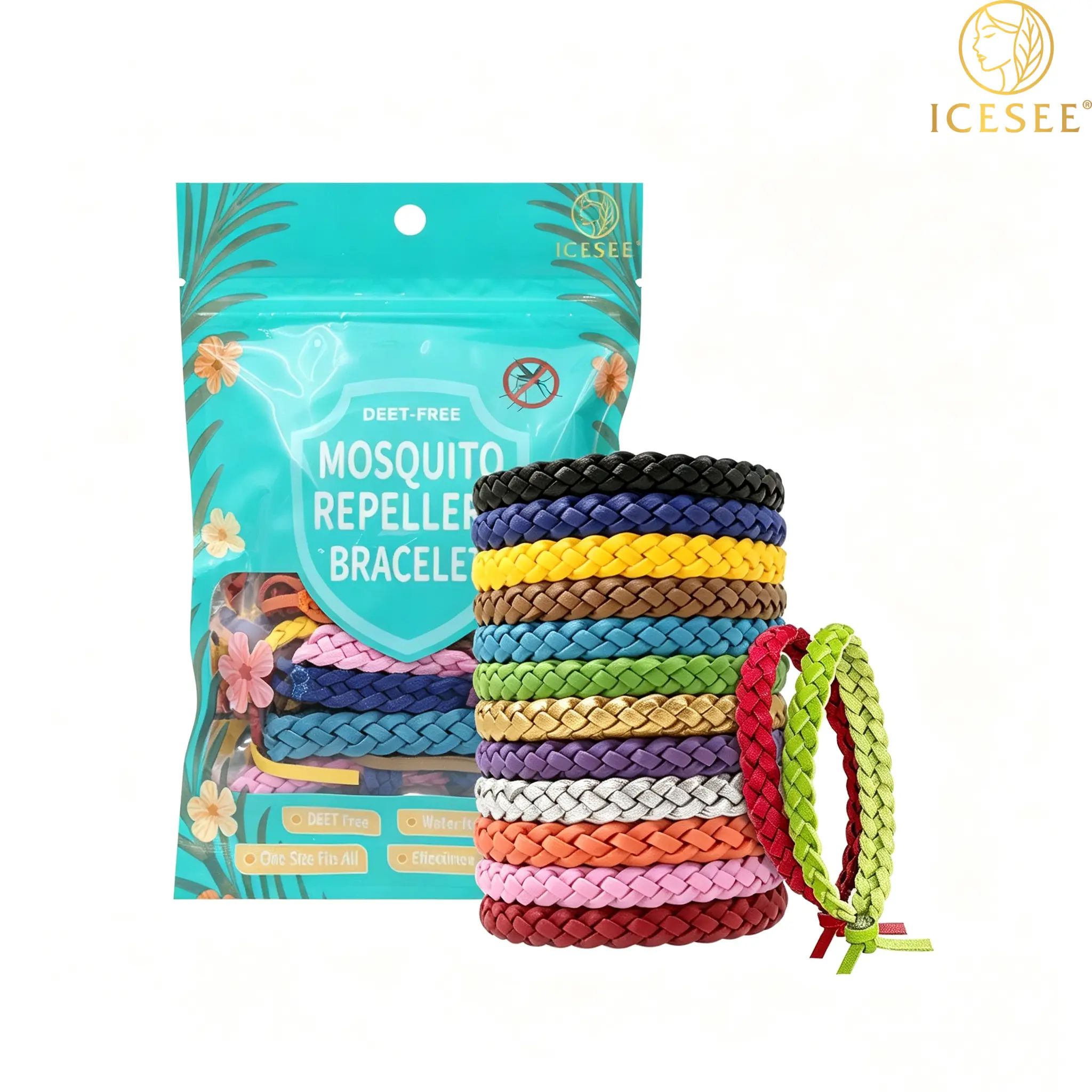 ICESEE 12 Pack Woven PU Leather Wristbands with Natural Citronella Scent, Adjustable Portable Wrist Accessories for Family Outdoor Trips & Daily Adventures-B