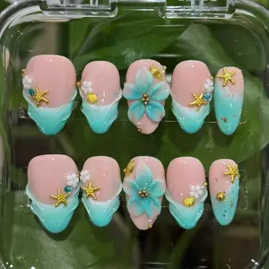 milo.nail&care Ocean Tiffany Blue Press-On Nails, Aqua French Wave Design, 3D Tropical Flower & Starfish Detail, Glossy Coastal Handmade Summer Vacation Beach Nail Set, Seaside Getaway Inspired