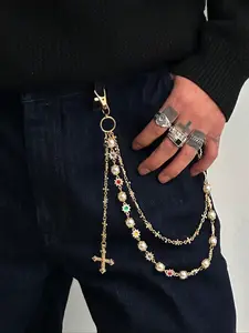 Vintage Colorful Rhinestone Cross Pants Chain, Bling Chain, Men's Hip Hop Body Chain for Pants Decoration, Unique Fashion Accessory