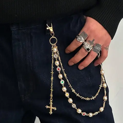 Vintage Colorful Rhinestone Cross Pants Chain, Bling Chain, Men's Hip Hop Body Chain, Vintage Body Jewelry, Body Jewellery, for Pants Decoration, Unique Fashion Accessory