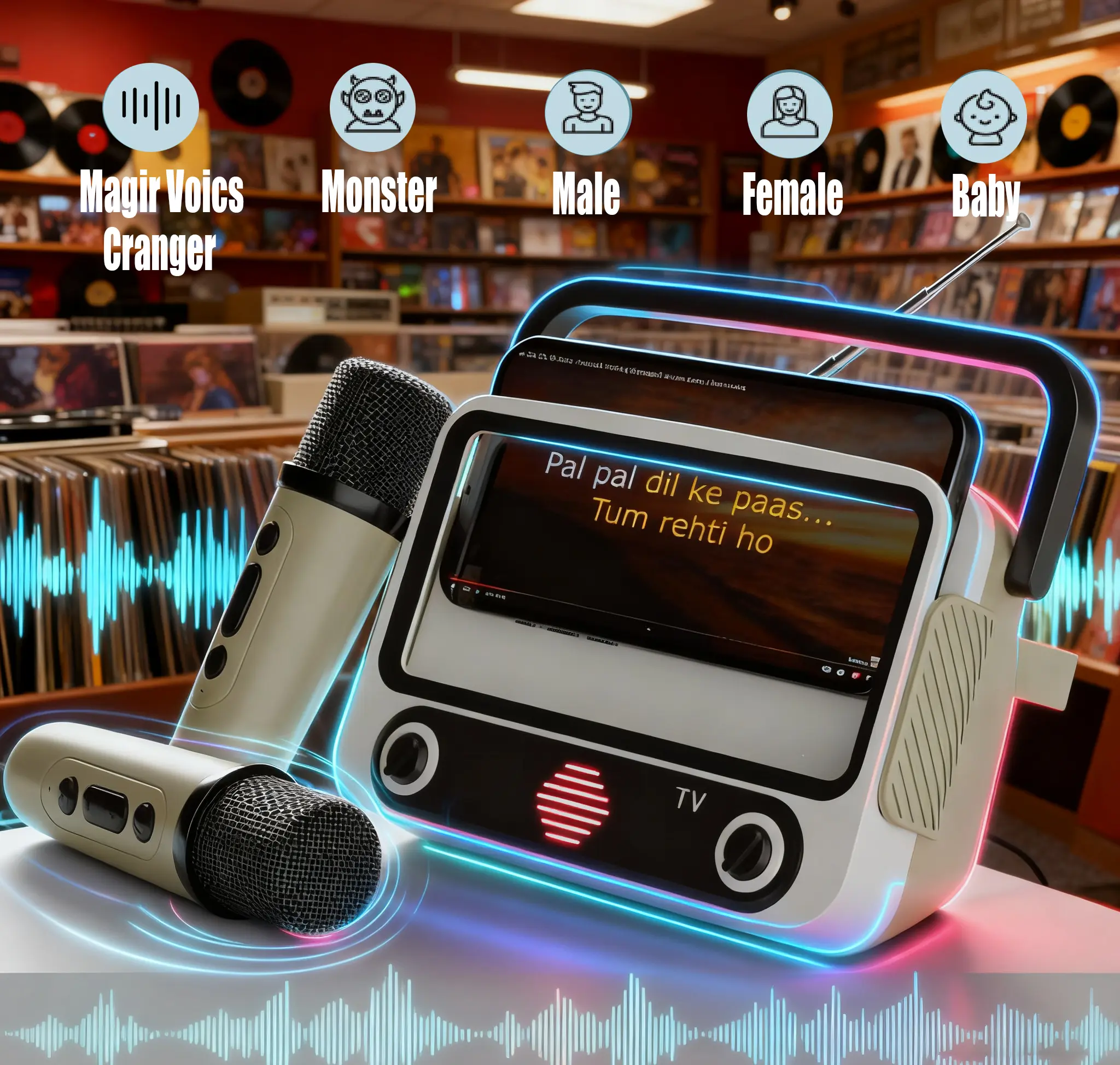 Portable Karaoke Machine with 2 Microphones, Wireless Speakers with Phone Stand, FM Radio Station, USB Type-C Charging, for Birthday Parties & Family Fun