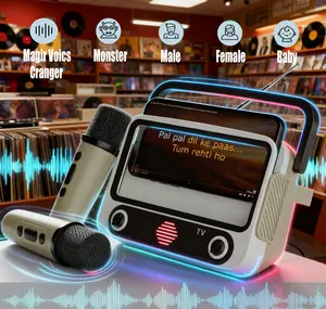 Portable Karaoke Machine with 2 Microphones, Wireless Speakers with Phone Stand, FM Radio Station, USB Type-C Charging, for Birthday Parties & Family Fun