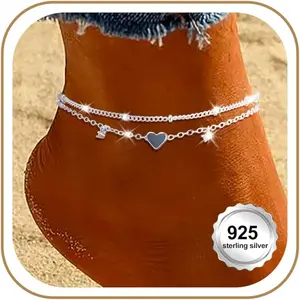 Gold/Sterling Silver Anklet Bracelets for Women Waterproof, Non Tarnish 925 Sterling Sliver Plated Heart Butterfly Charm, Dainty Summer Beach Anklets for Women, Beach Vacation Bikini Outfits for Her Mom