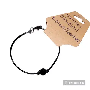 Genuine Leather Corded Bracelet with Stainless Steel and Natural Gemstones - Red Flake Jasper, Picture Jasper, Obsidian, and Rose Quartz