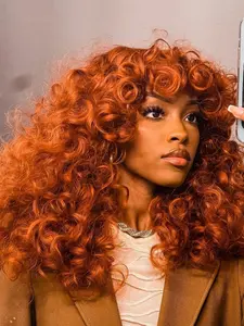 Ginger Orange Curly Wigs for Black Women 18 Inch Long Curly Afro Wig with Bangs for Women Big Bouncy Fluffy Synthetic Fiber Glueless Hair for Cosplay and Daily