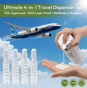 Space-Saving 4-in-1 Travel Dispenser Bottles – TSA Approved Leakproof Silicone Containers with Scale & Labels, Lockable Refillable Vials for Shampoo, Conditioner & Lotion