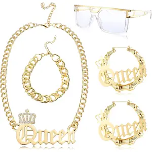 THUNARAZ 5 Pcs Rapper Accessories 80s 90s Hip Hop Costumes Outfit for Men Women Fake Golden Chain Bracelet Money Chain DJ Punk Sunglasses Clip on Earrings Finger Ring Dollar Sign Pendant Necklace for Music Parties Festivals Christmas Gift