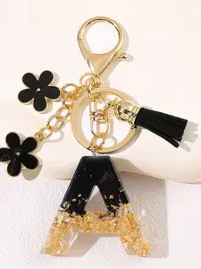 Women's Fashion Resin Gold Foil, 26 English Capital Letters, Flower Tassel Car Key Holder, Wallet Handbag Backpack Charm, Stylish Keychain, Trendy Cute Keychain, Keychain For Bags