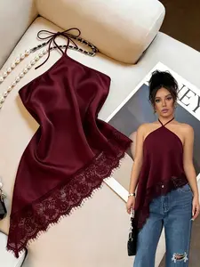 Burgundy,Summer,Elegant,Party Night Women's Camisole,Halter Neck Tie,Asymmetric Hem Lace Trim,Backless Bodycon Top,Sleeveless Blouse,Beach Outfit