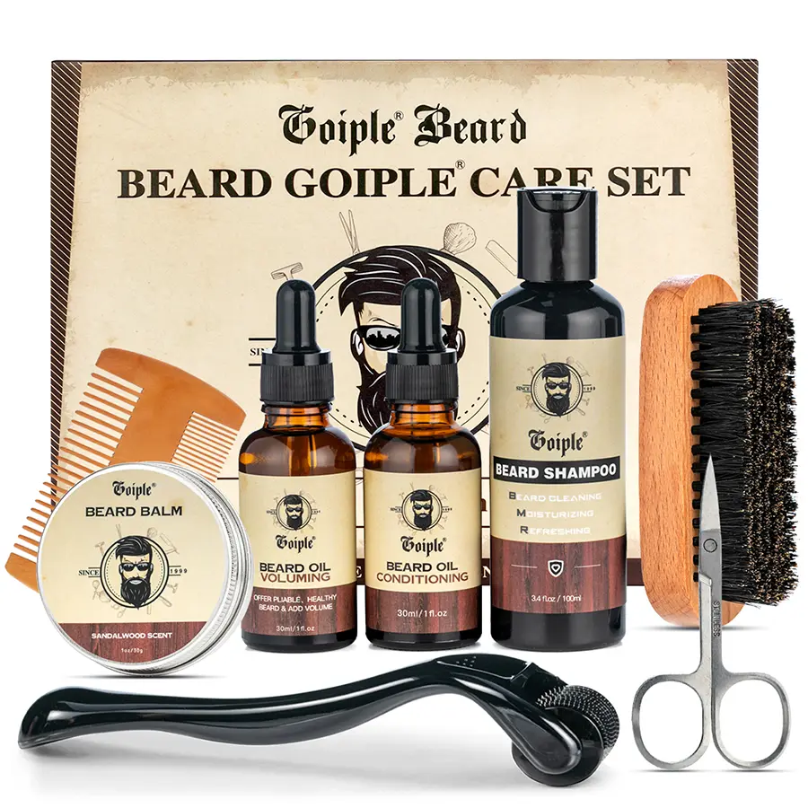 Goiple Beard Care Kit for Men: Beard Oil, Balm, Shampoo, Comb, Brush, Derma Roller & Scissors – Growth, Styling, Grooming & Conditioning Set, Sandalwood Scent