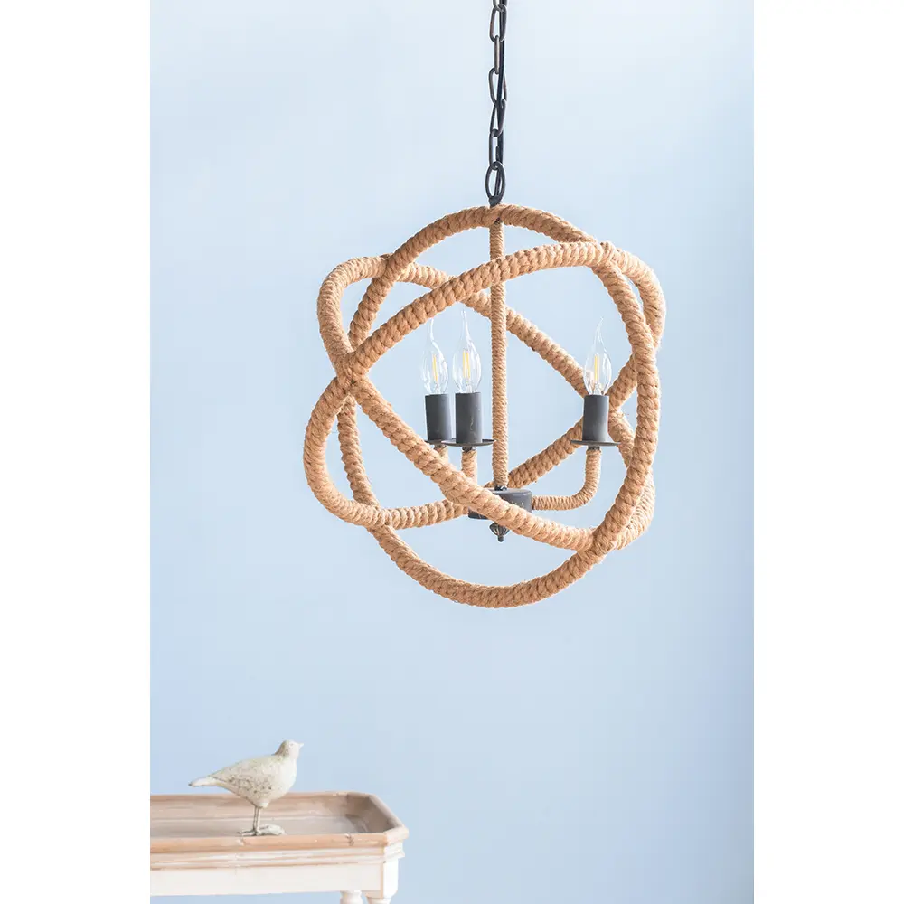 3-Light Farmhouse Rope Chandelier Globe Hanging Light Fixture Adjustable Chain Pendant Lighting for Kitchen Dining Room Foyer Entryway Living Room Bedroom Hallway, Bulb Not Included, Rustic Industrial Ceiling Lamp, Living Room Table for Sofa