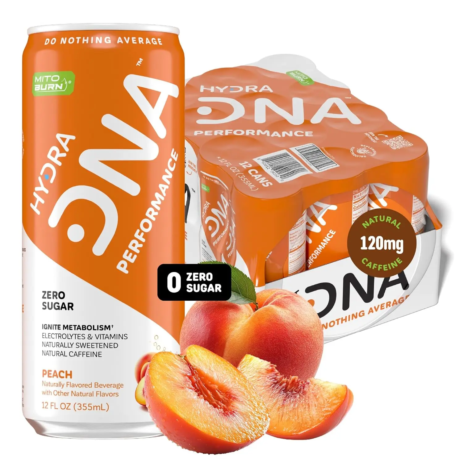 HYDRADNA- Clean Performance Drink, Zero Sugar | For Natural Fuel, Alertness, Boost, Stamina,120 mg Organic Caffeine, Natural Flavors, Zero Sucralose, Clean Ingredients (12 Pack) (12 Pack, Peach)