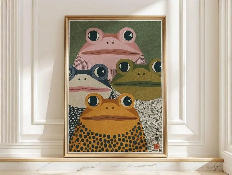[Sale off up to 50%] [Free ship] [No Frame] Modern Japanese Frog Art Print Poster, Retro Colorful Frogs Poster, Quirky Green Orange Japandi Wall Art